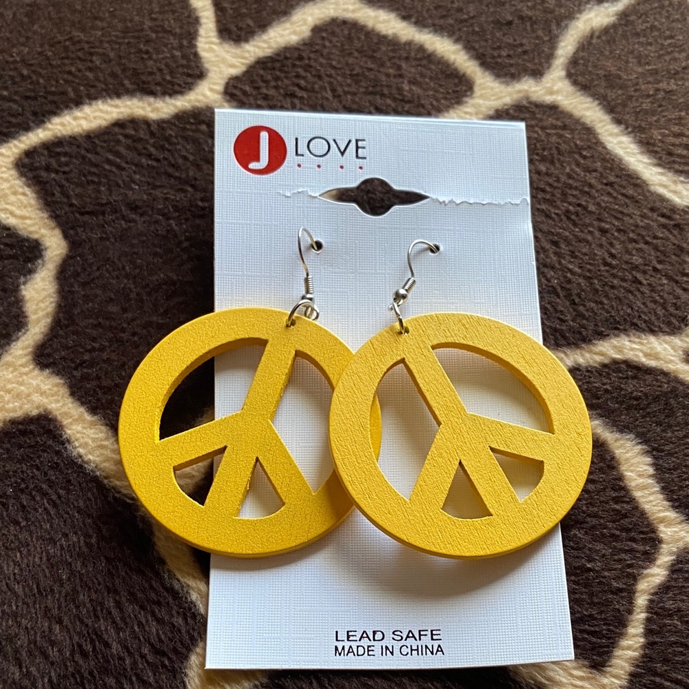 Vintage 90’s Yellow Wood Peace Sign Earrings